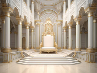 Decorated empty throne hall. White throne.