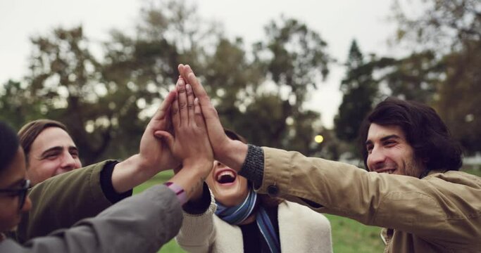 High five, hands and friends at park for picnic, bonding and celebration of freedom. Friendship, solidarity and people hand together in support of vacation, unity and social goals in nature