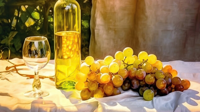 A bottle of wine and white grapes in the sun, in the style of luminous color palette, Generative AI