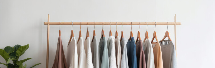 Row of different colorful female clothes hanging on rack. Generative ai