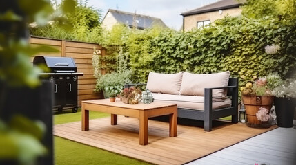 Fototapeta premium Cozy wooden table and soft sofa and grill placed in backyard with green garden near contemporary residential building, Generative AI