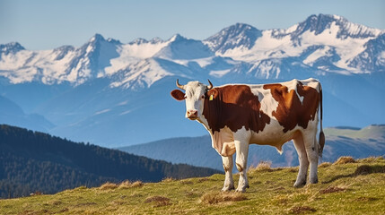 Fototapeta na wymiar A Beautiful Cow Amidst the Alpine Meadow, with Towering Snowy Mountains Creating a Captivating Vista. Generative AI