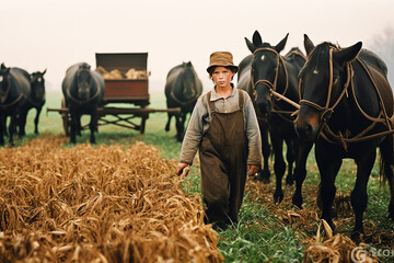 Obraz premium Amish Farmers in a Field. Generative AI. A digital rendering of an Amish farmer working in a field.
