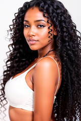 African american girl with long and shiny wavy hair on white background. Beautiful model with curly hairstyle. Generative AI.