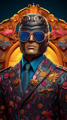 Man with a peculiar coat and aviator glasses.

