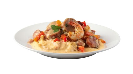 A colorful plate of shrimp and grits with sausage and peppers on White Background with copy space for your text created with generative AI technology