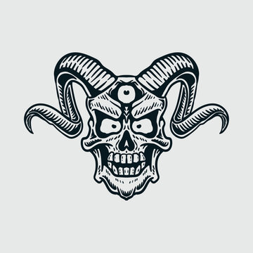 skull devil head with three eyes illustration