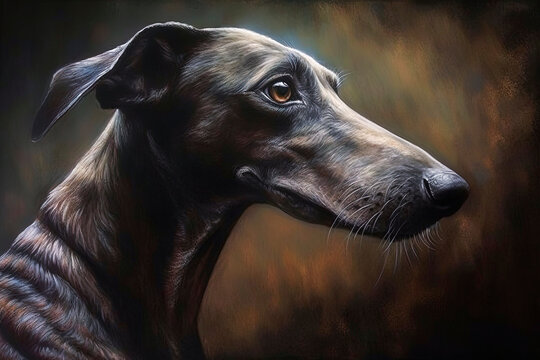 Generative Ai illustration portrait of adorable purebred Greyhound dog with brown fur sitting on brown background