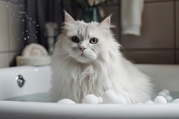 Fototapeta premium Cute white cat in a bubble bath. Beauty treatments for pets. Generative AI