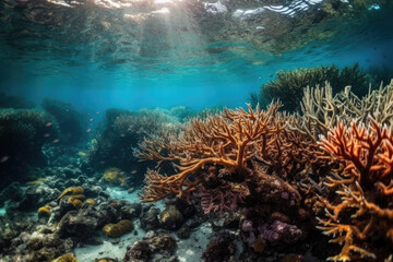 Generative AI illustration of underwater view of blue sea of red coral reefs growing on rough boulders on bottom of clean sea under blue water