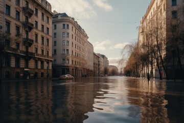 Water on a city street, pipe break or flood. Generative AI