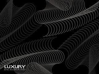 Black abstract background design. Modern wavy lines pattern (guilloche curves) in monochrome colors. Premium line texture for banners, business backgrounds. Dark horizontal vector template.