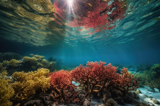 Generative AI illustration of underwater view of blue sea of red coral reefs growing on rough boulders on bottom of clean sea under blue water