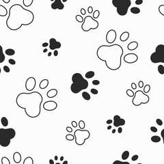 Fototapeta na wymiar Vector Illustration.Cute paw animals.Grooming.Veterinary.Pets.Seamless pattern. Repeating cartoon black dog or cat on white background. Repeated marks pet texture for design prints. Stylish, Fashion. 