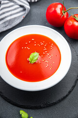 tomato cold soup gazpacho first course healthy meal food snack on the table copy space food background rustic top view 