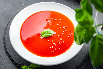 tomato cold soup gazpacho first course healthy meal food snack on the table copy space food background rustic top view 