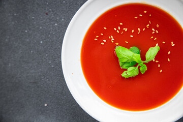 tomato cold soup gazpacho first course healthy meal food snack on the table copy space food background rustic top view 
