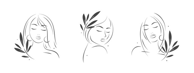 Set of silhouettes of women's portraits. Black and white illustrations of beautiful girls. Beauty salon logo. Female face. Vector illustration
