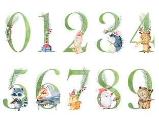 Watercolor christmas numbers for invitation card, greeting card, birthday, logo, poster and other.