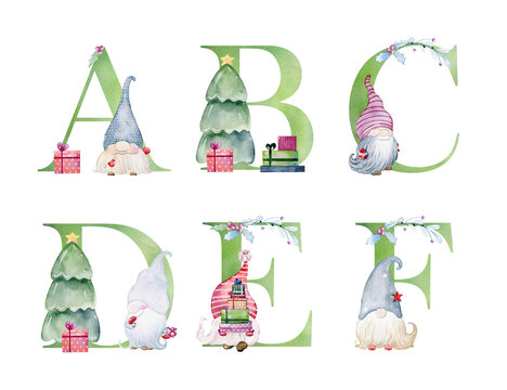 Watercolor christmas gnomes letters for invitation card, nursery poster and other. Wall art decor.