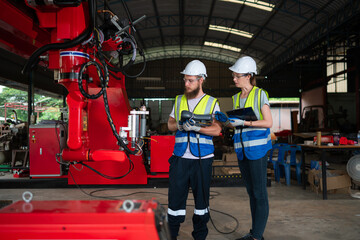 Fototapeta premium Both of engineers installing and testing a large robotic arm. before sending it to customers for use in the industry
