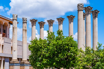 Ancient roman ruins of th eroman temple in Cordoba, Andalusia, Spain - obrazy, fototapety, plakaty