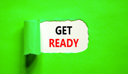 Get ready symbol. Concept words Get ready on a beautiful white paper on a beautiful green background. Business, support, motivation and get ready concept. Copy space.