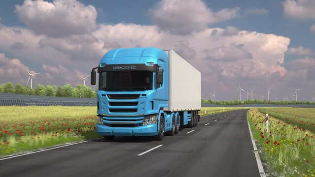 A generic electric semi truck with cargo trailer drives along a country road with solar panels and wind turbines in background. Green energy concept. Realistic high quality 3d rendering animation