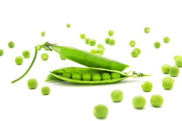 Fresh organic green pea pod with beans isolated on white background. Design element with clipping path.