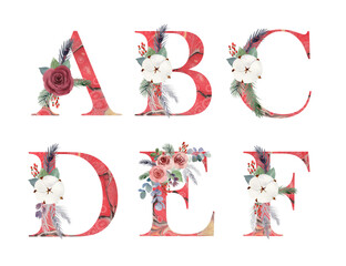 Watercolor christmas floral alphabet for invitations, greeting card, birthday, logo, poster and other.