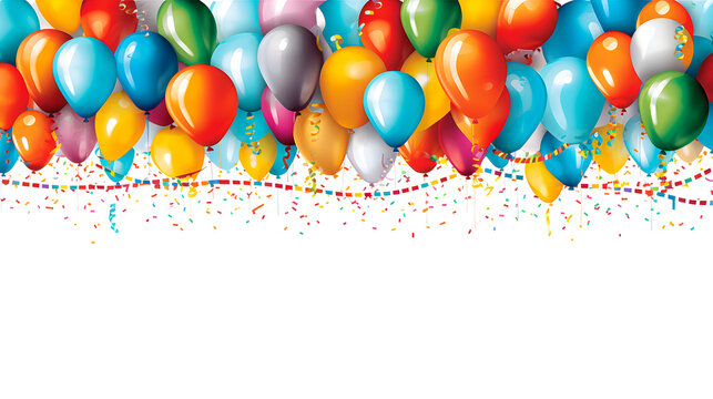 Colorful balloons, confetti and streamers on white background. Decoration for birthday party, celebration or event