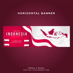 Indonesia Independence Day Horizontal Banner Template - Wavy Flag and Indonesian Maps