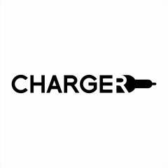 Charger word design. Vector illustration of charger plug for mobile phone in car on letter R.