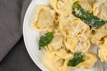 Italian tortellini pasta with spinach and ricotta 