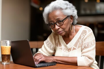 Smiling dark-skinned senior women with pocketbook and eyeglasses using network services sitting at cafe shop with laptop on the table - modern elderly female using wireless technology. Generative AI