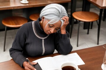 Photo of serious 60-years-old woman online working at summer cafe, sitting in front of laptop monitor and talking during online video call. Modern technology in every day life concept. Generative AI