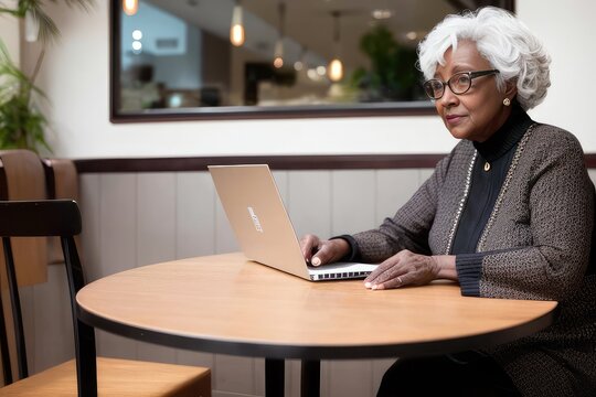 Photo Of Serious 60-years-old Woman Online Working At Summer Cafe, Sitting In Front Of Laptop Monitor And Talking During Online Video Call. Modern Technology In Every Day Life Concept. Generative AI