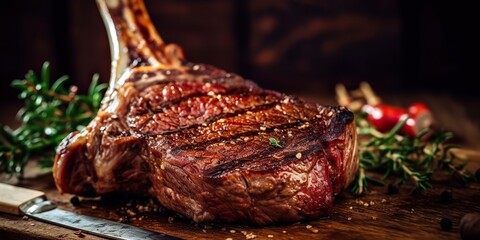 AI Generated. AI Generative. Photo illustration of bbq grill tomahawak angus steak on bone. Restaurant fresh meat lifestyle vibe. Graphic Art
