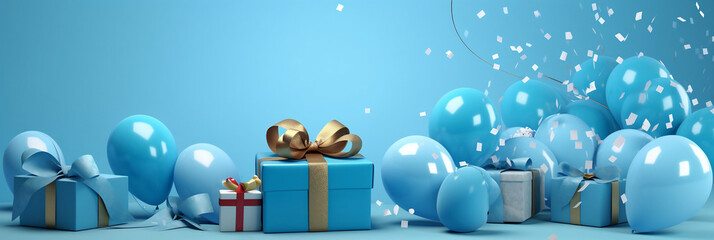 Blue birthday decor with balloons an presents ideal for celebration backgrounds, banner, generative AI