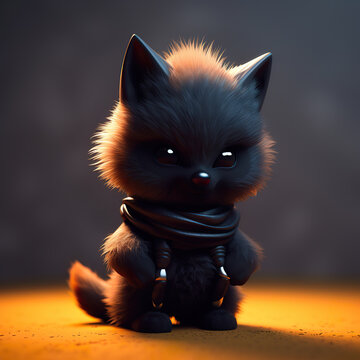 Cute and adorable cartoon fluffy black baby fox. A cartoon black fox with a gradient background. Cute and adorable little fox as cartoon character. Realistic 3D illustration. Generative AI