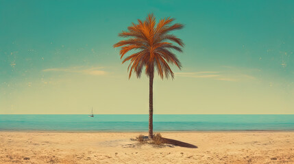 Obraz premium Palm tree on the sand of the beach. Vacation scene with palm on the shore line. Generative AI.
