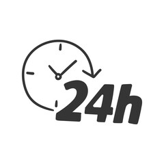 24h Service Icon Silhouette Illustration. All Day Hours Vector Graphic Pictogram Symbol Clip Art. Doodle Sketch Black Sign.