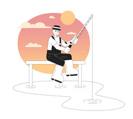 Fishing in sunset monochrome vector spot illustration. Fisherman on dock 2D flat bw cartoon character for web UI design. Catching fish on lake afternoon isolated editable hand drawn hero image