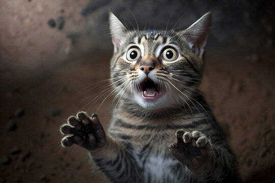 Funny surprised cat with a questioning pose. A cute kitten asks in surprise where the treats are. Generated AI.