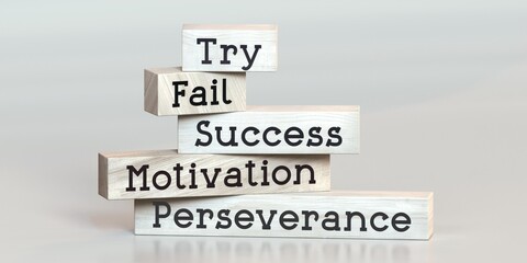 Try, fail, success, motivation, perseverance - words on wooden blocks - 3D illustration