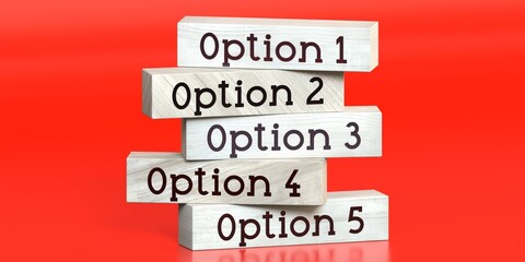 Option 1, 2, 3, 4, 5 - words on wooden blocks - 3D illustration