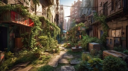 Concept art illustration of post apocalyptic city overgrown with lush vegetation. Generative AI