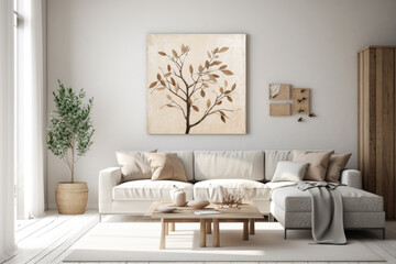 Fototapeta na wymiar Modern contemporary living room in white color and wooden furniture and plants. White sofa in luxury apartment. Generative Ai.