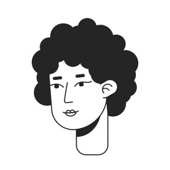 Afro curly hair middle-aged woman monochrome flat linear character head. Friendly lady. Editable outline hand drawn human face icon. 2D cartoon spot vector avatar illustration for animation