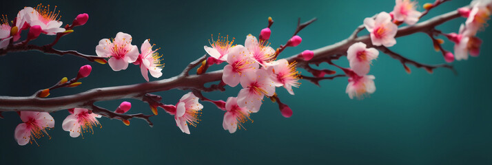 Spring nature, beautiful photorealistic illustration of wild sakura branch with pink flowers on dark turquoise background close up macro, banner, generative AI